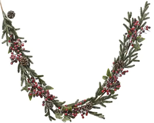 Frosted Garland w/ Pinecones & Red Berries – 1.76m Indoor