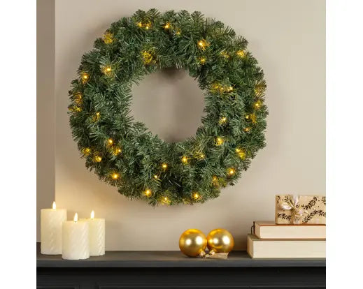 Imperial LED Wreath with 50 warm white lights for indoor and outdoor holiday decor, featuring timer and twinkle effects by Everlands