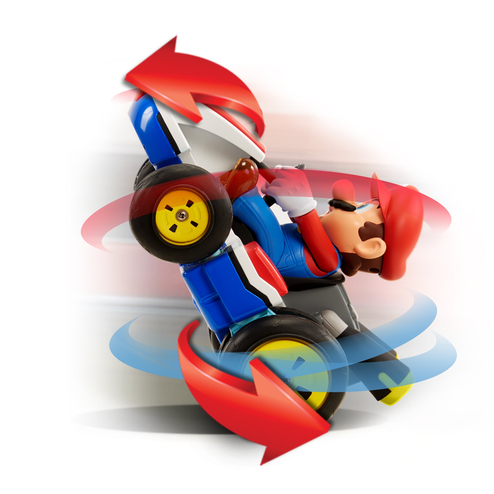Toy figure of a character in a red hat and blue outfit with a scooter on a white background