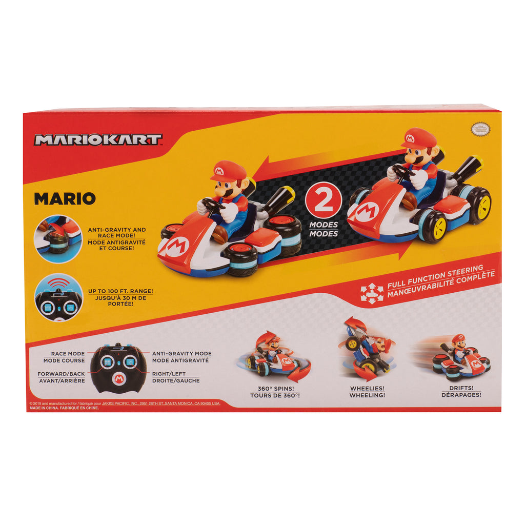 Mario Kart toy set packaging with Mario and his kart on a yellow and red background