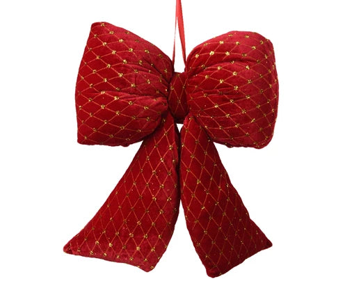 Red velvet Christmas bow with gold spangles hanging decoration
