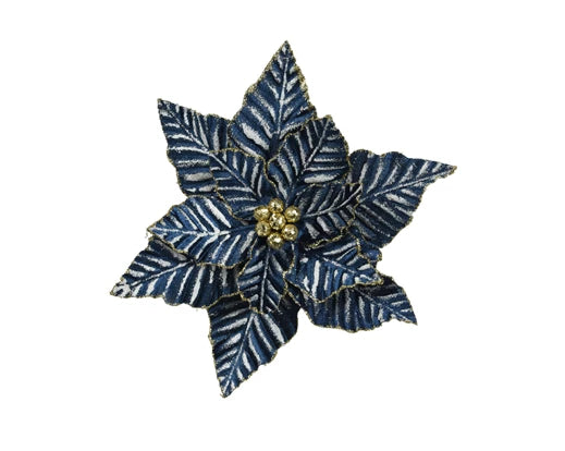 Decorative blue poinsettia flower with gold center on a white background