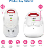 A product key features infographic for the vtech baby monitor, showing two white and red baby monitor units with various feature callouts and icons.