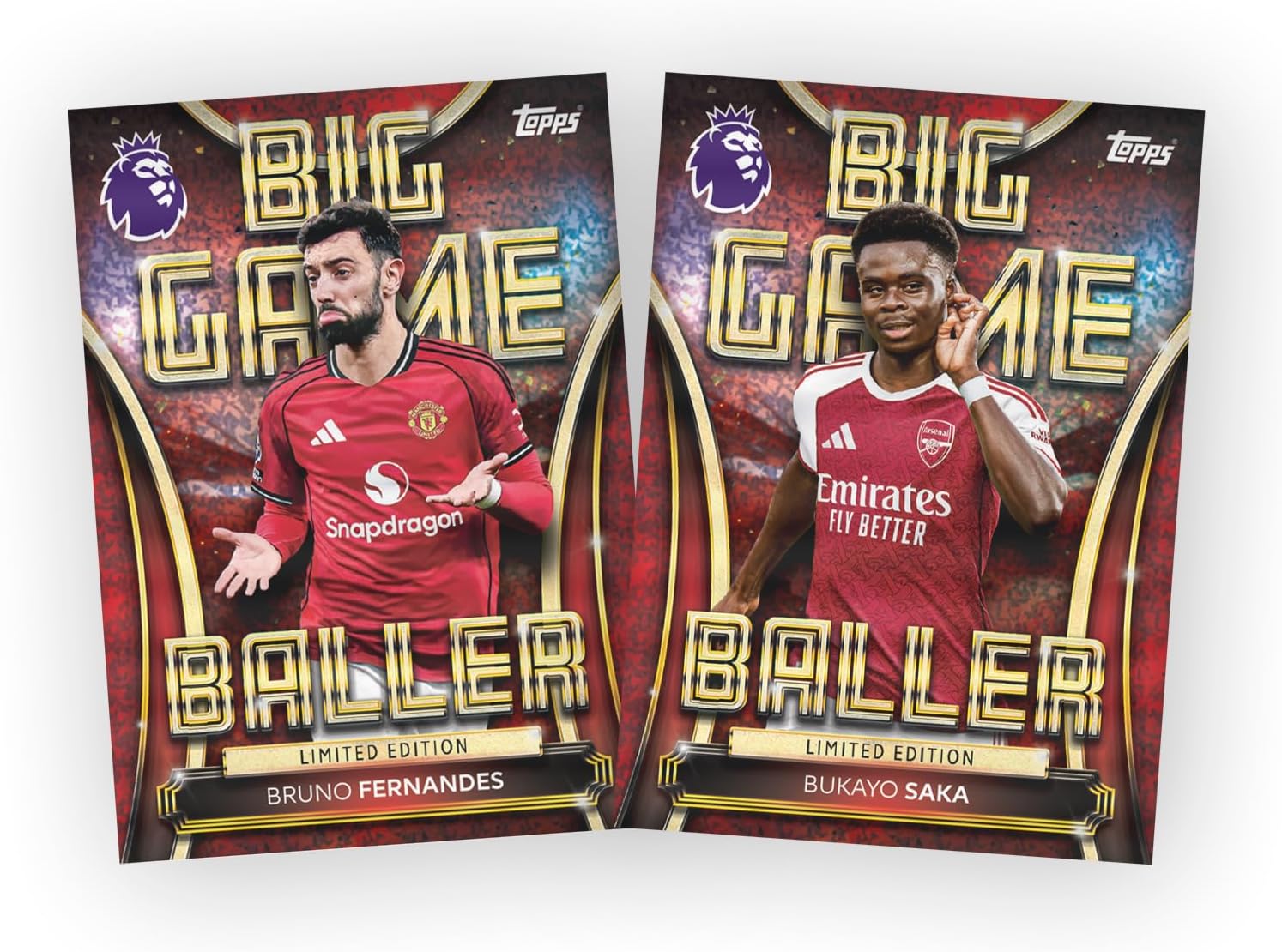 Two limited edition sports trading cards featuring Bruno Fernandes and Bukayo Saka on a white background.