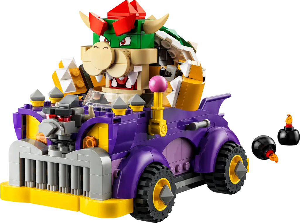 LEGO Super Mario Bowser’s Muscle Car Expansion Set (71431) showing purple muscle car, Bowser figure with Action Tag, yellow lever and bomb pieces.