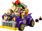LEGO Super Mario Bowser’s Muscle Car Expansion Set (71431) showing purple muscle car, Bowser figure with Action Tag, yellow lever and bomb pieces.