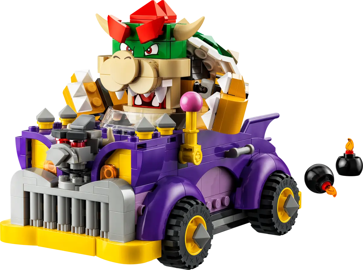 LEGO Super Mario Bowser’s Muscle Car Expansion Set (71431) showing purple muscle car, Bowser figure with Action Tag, yellow lever and bomb pieces.