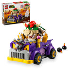 LEGO Super Mario Bowser’s Muscle Car Expansion Set (71431) showing purple muscle car, Bowser figure with Action Tag, yellow lever and bomb pieces.