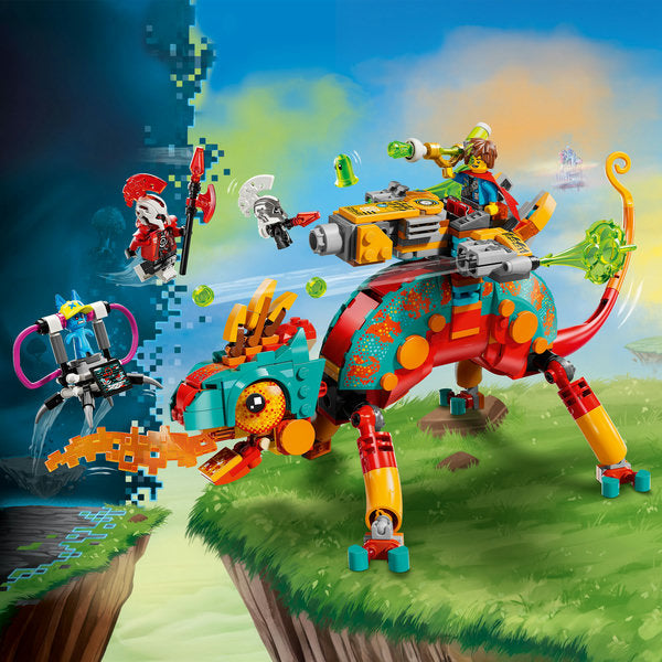 Toy creature with characters on a grassy cliff edge