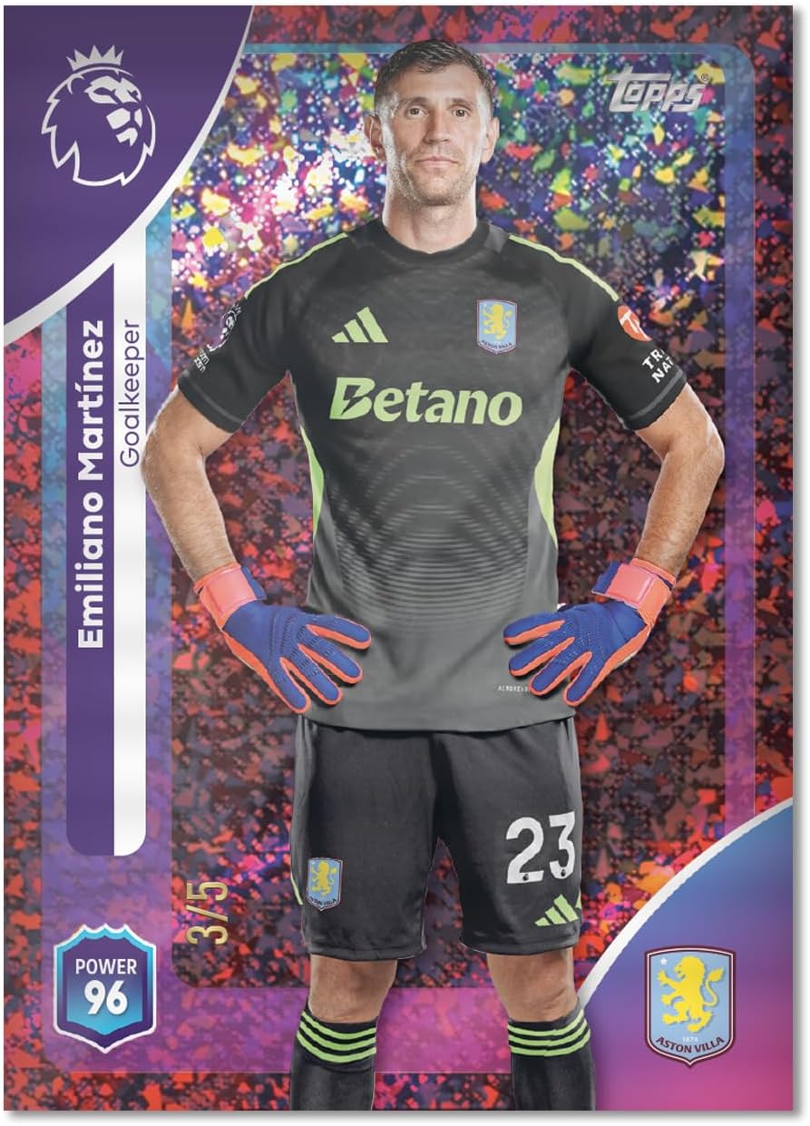 Card of Emiliano Martinez in a sports jersey with branding and player information.