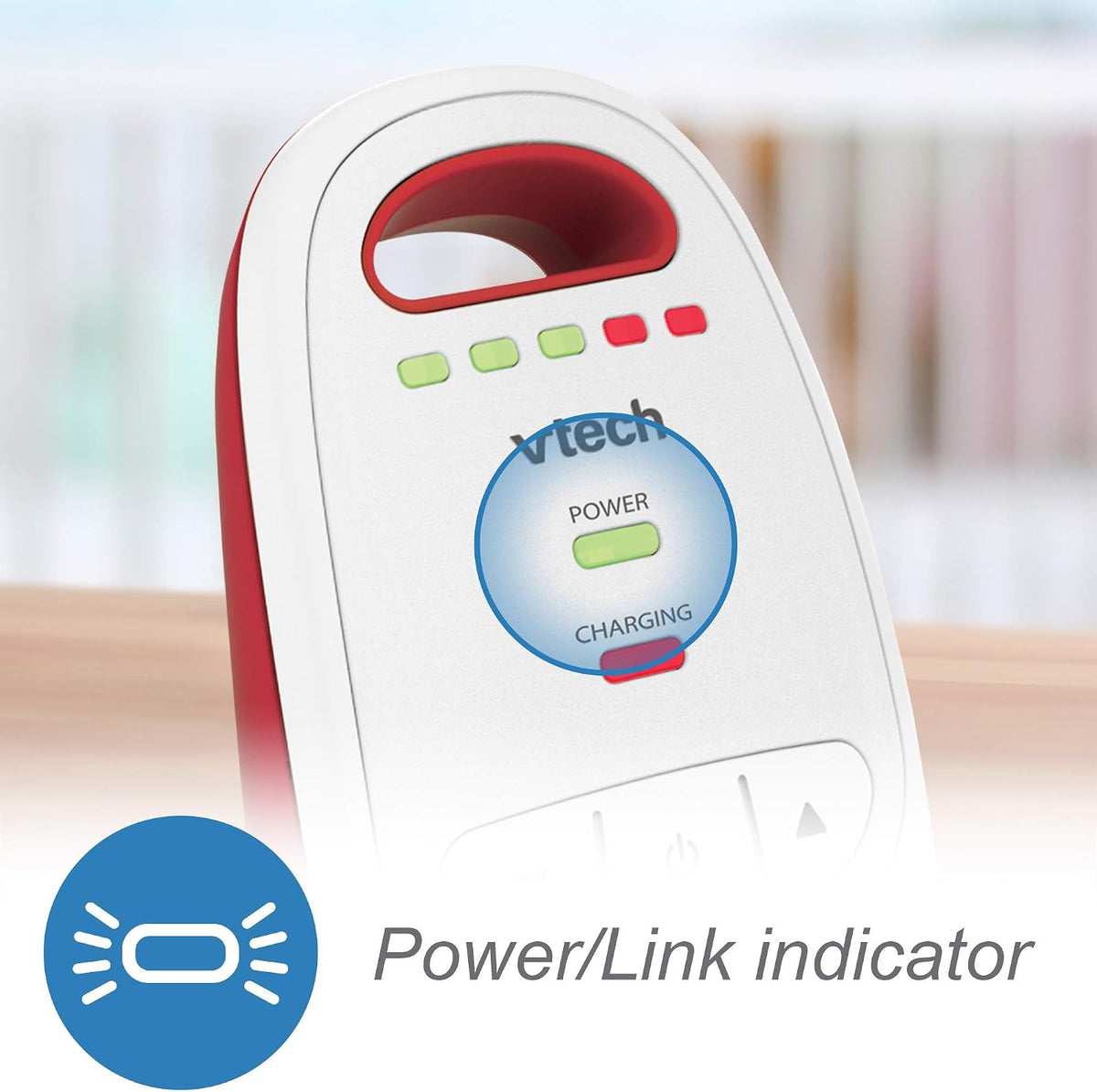 Vtech baby monitor with power and link indicator on a blurred background