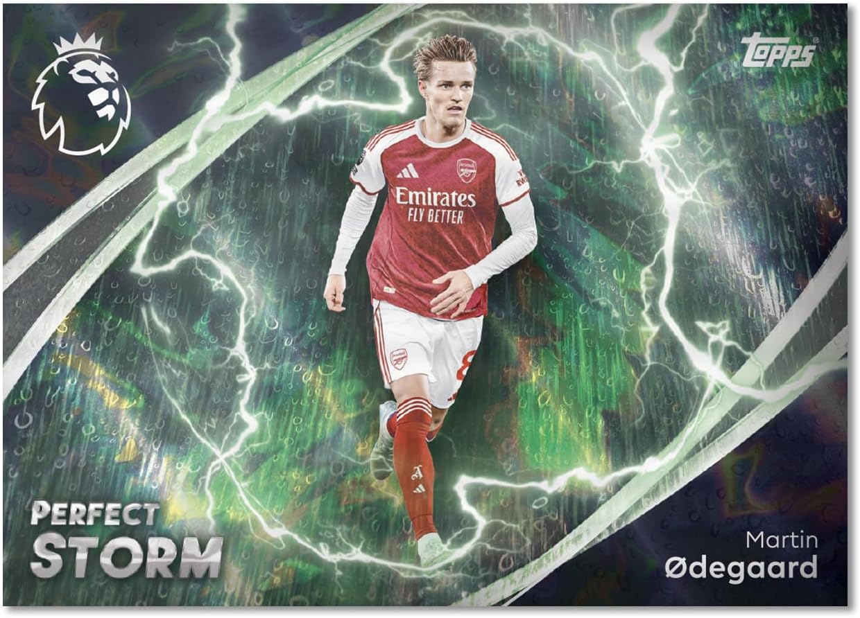 Soccer player in Arsenal jersey with lightning effects on a Topps branded card
