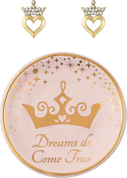 Disney Princess Tiara Heart Earrings and Trinket Tray Jewelry Dish Gift Set - Flemings Department Store