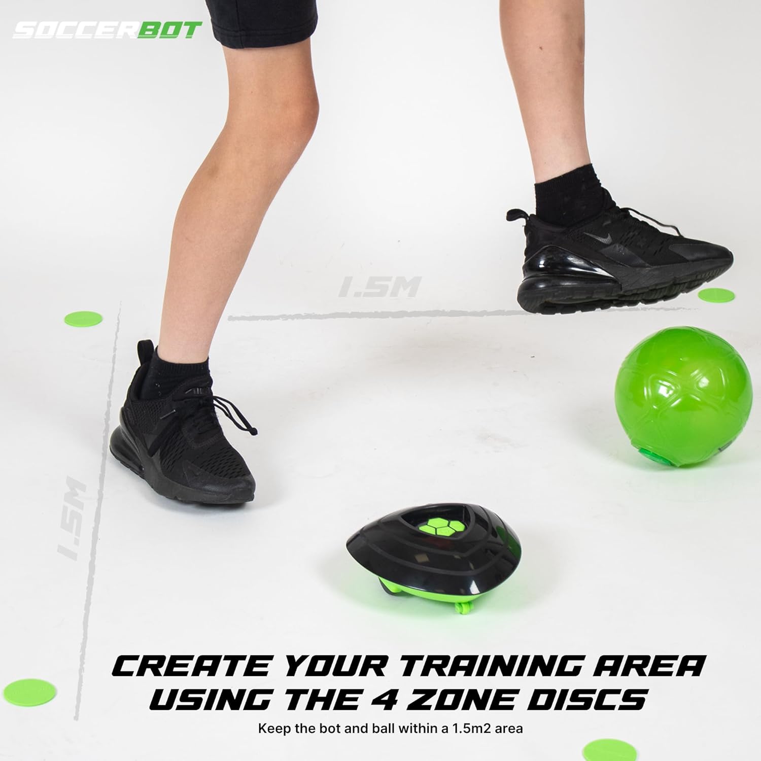Person wearing black shoes with a green ball and training bot on a white background, featuring 'Soccer Bot' branding.