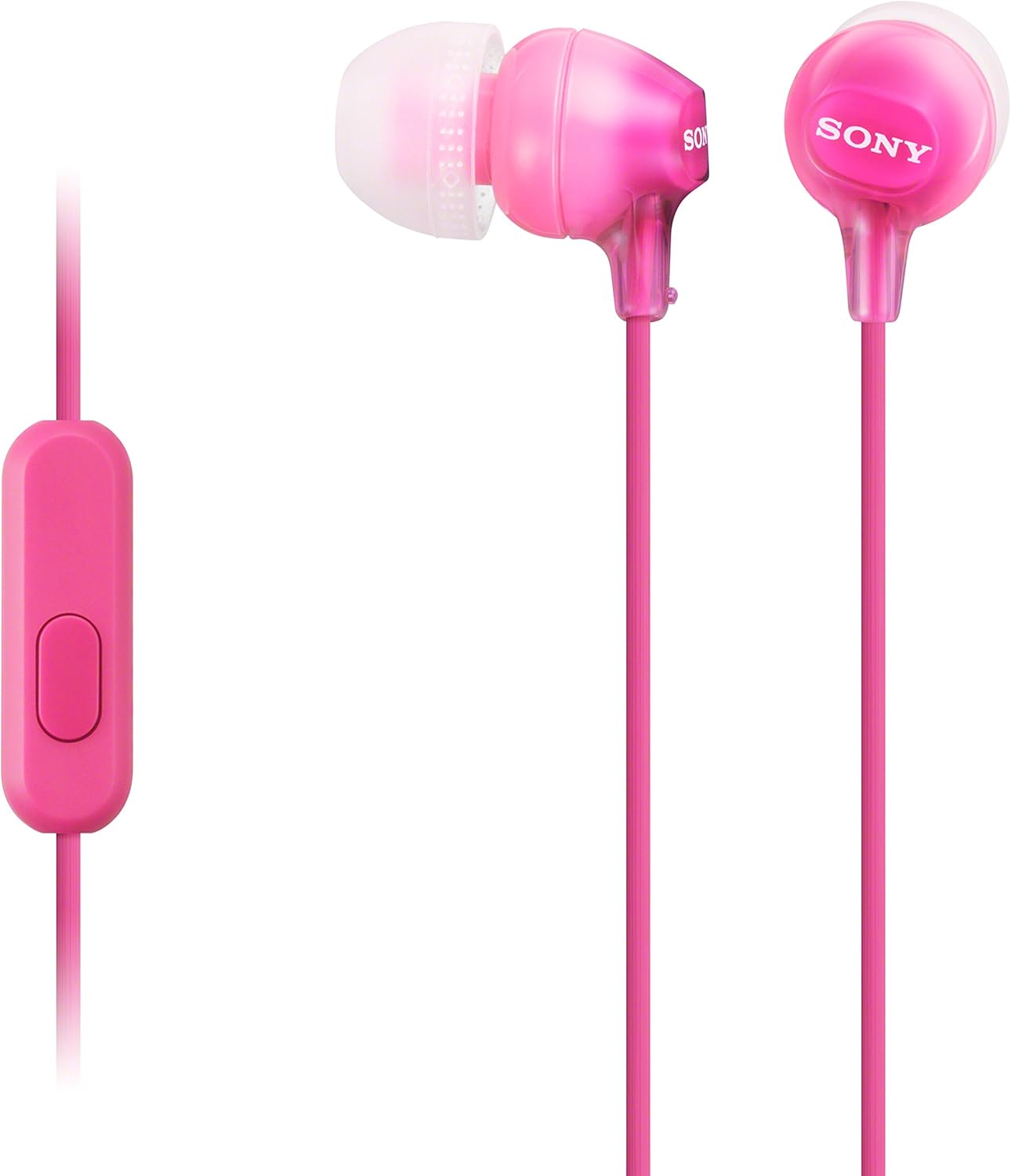 Pink Sony earphones with in-line control on a white background