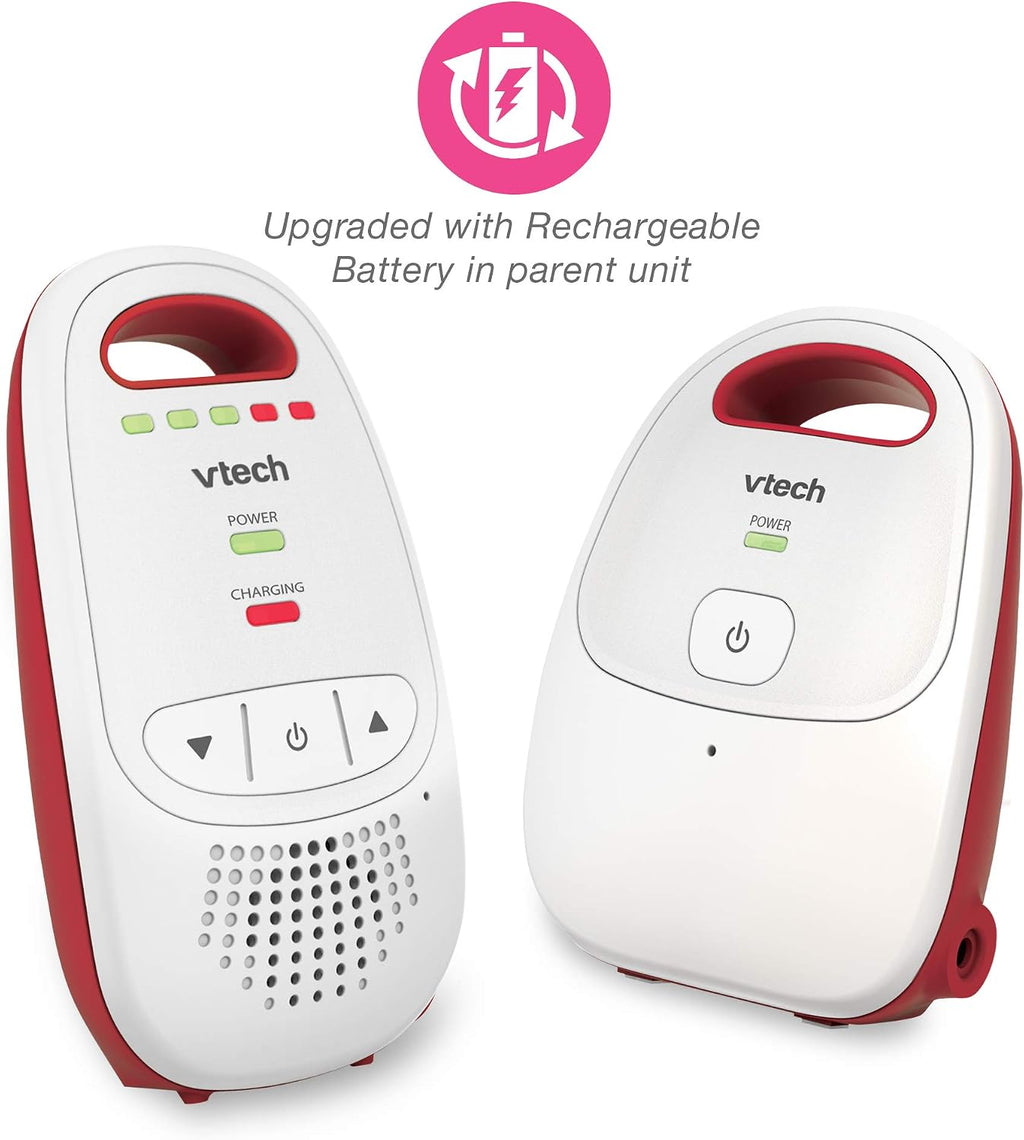 Two Vtech baby monitor and detector units in white and red, shown on a clean white background with a pink badge and text noting a rechargeable battery in the parent unit.