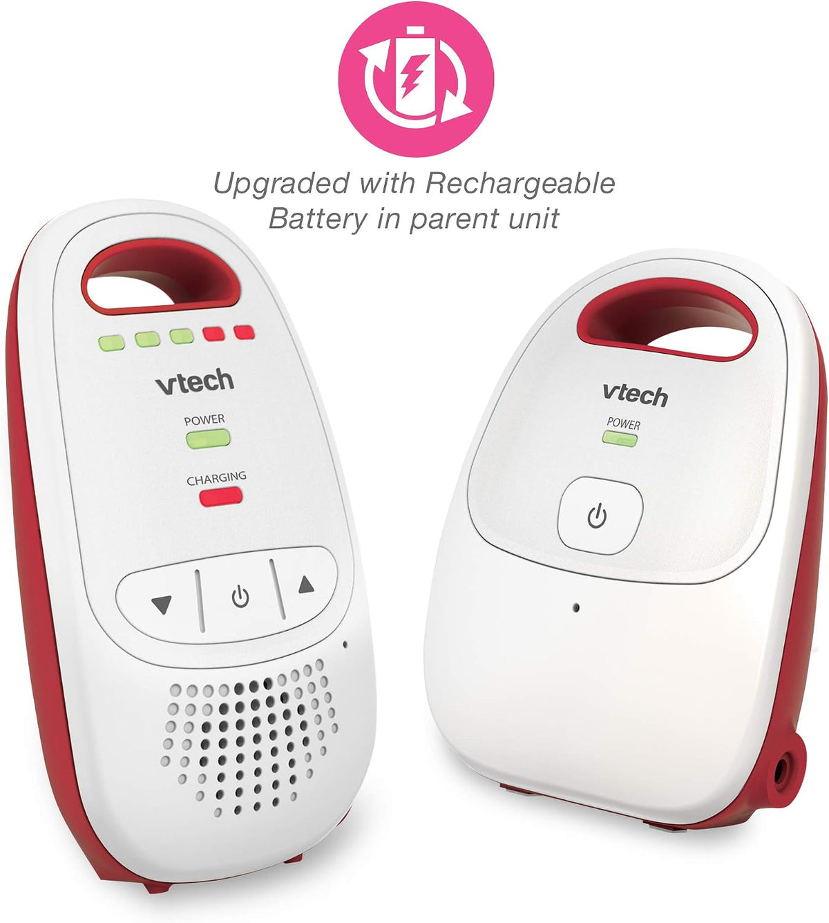 Two Vtech baby monitor and detector units in white and red, shown on a clean white background with a pink badge and text noting a rechargeable battery in the parent unit.