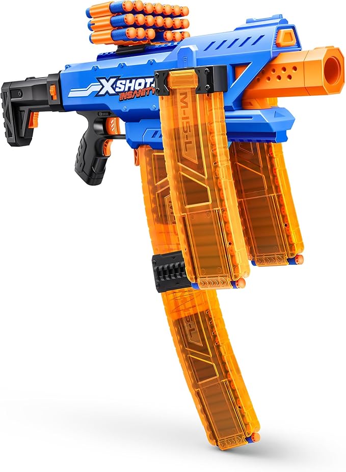 X-Shot Insanity Motorized Clip Mania Blaster – 72 Darts, 3 Magazines & Semi-Auto