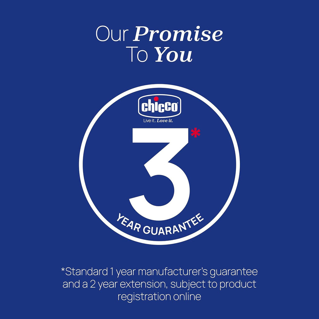 Chicco 3-year guarantee logo on a blue background