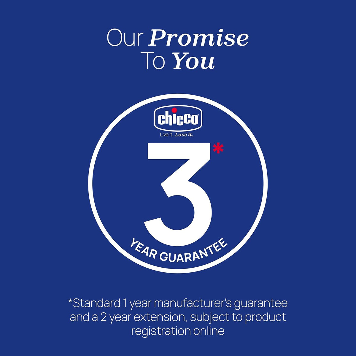 Chicco 3-year guarantee logo on a blue background