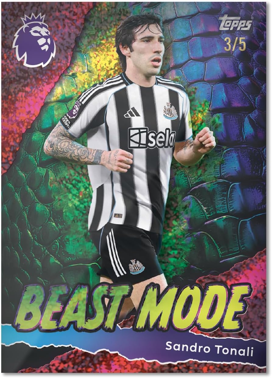 Soccer player in a black and white striped jersey with colorful background and 'Beast Mode' text.