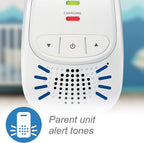 White electronic device with buttons and indicator lights, labeled 'Parent unit alert tones', on a blurred background.