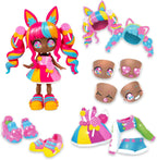 Colorful toy doll with accessories on a white background