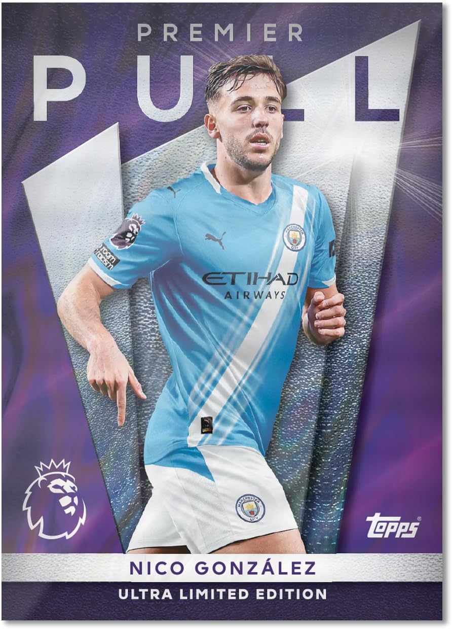 Soccer trading card of Nico Gonzalez with Manchester City jersey on a purple and gray background