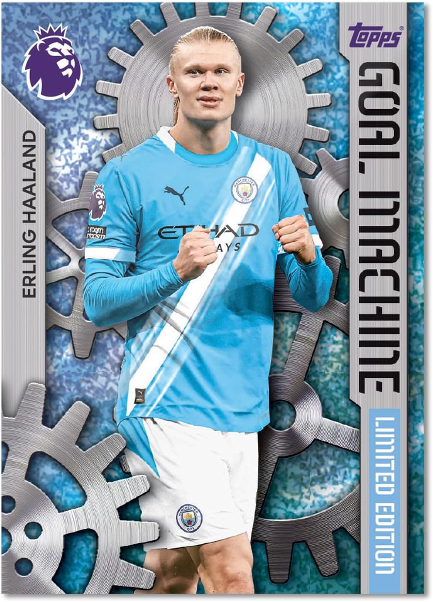 Soccer trading card featuring a player in a blue jersey with gear design elements.