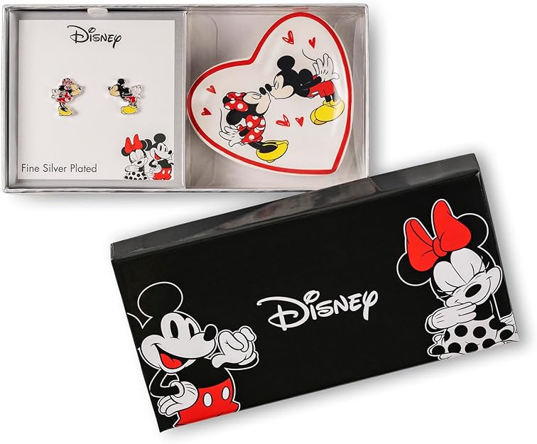 Mickey & Minnie Girls Earrings and Heart Trinket Tray Jewelry Dish Gift Set - Flemings Department Store
