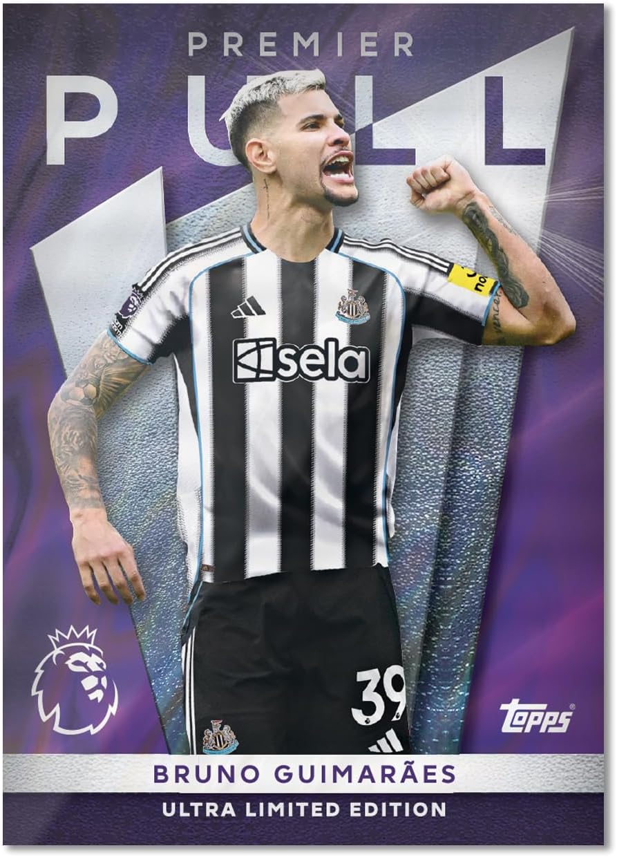 Sports trading card of Bruno Guimaráes with Newcastle United jersey on a purple background