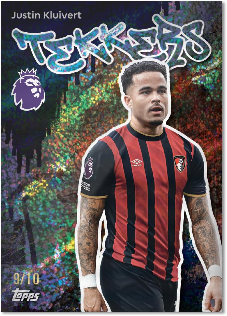 Trading card of a soccer player with colorful background and branding elements.