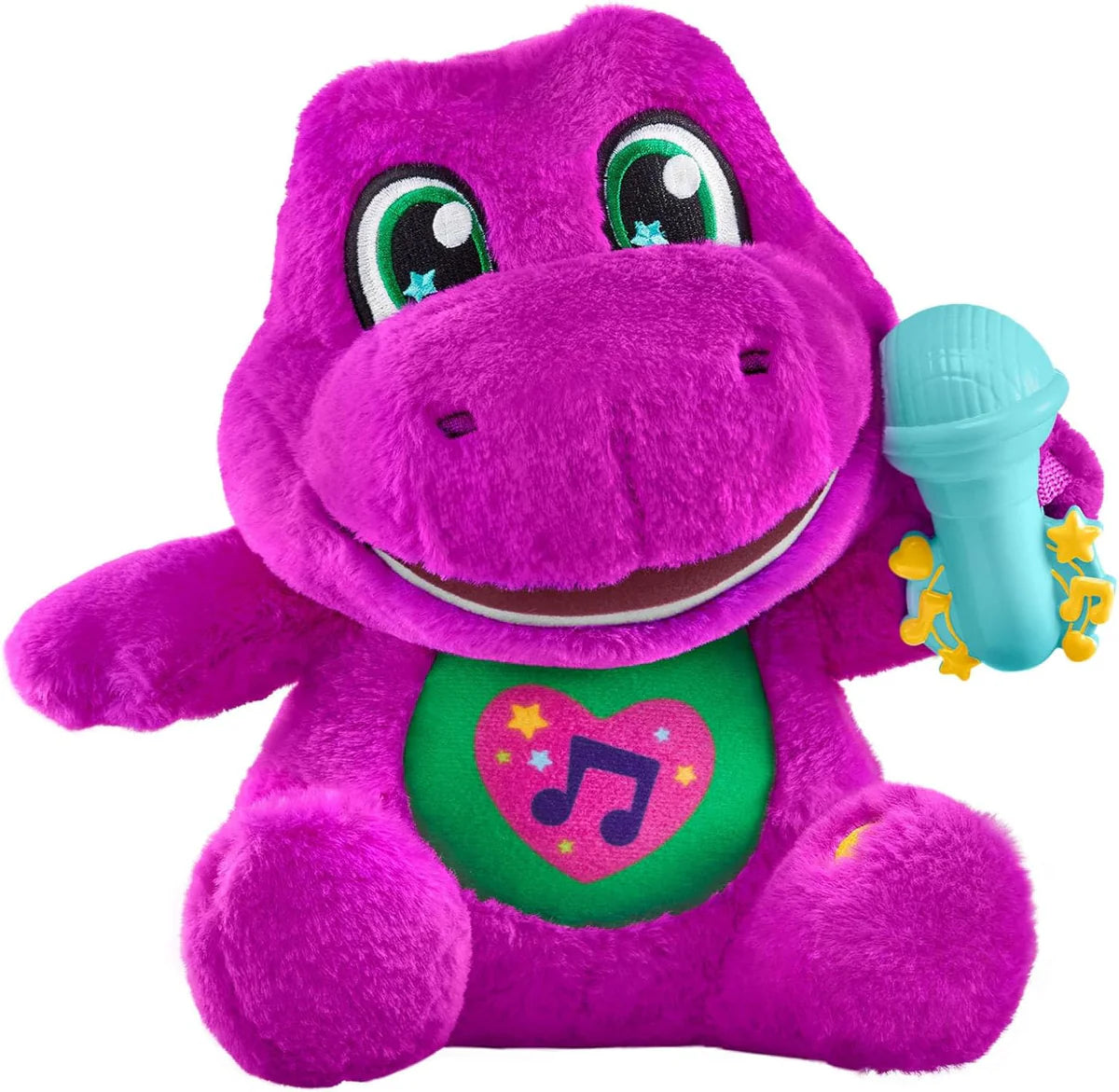 Purple dinosaur toy with a microphone on a white background