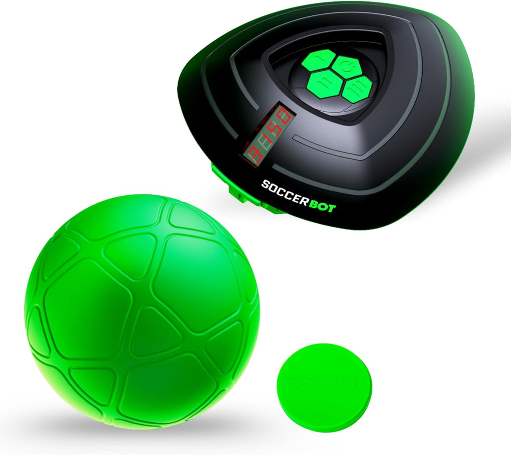 Green soccer ball and electronic device labeled 'Soccer Bot' on a white background