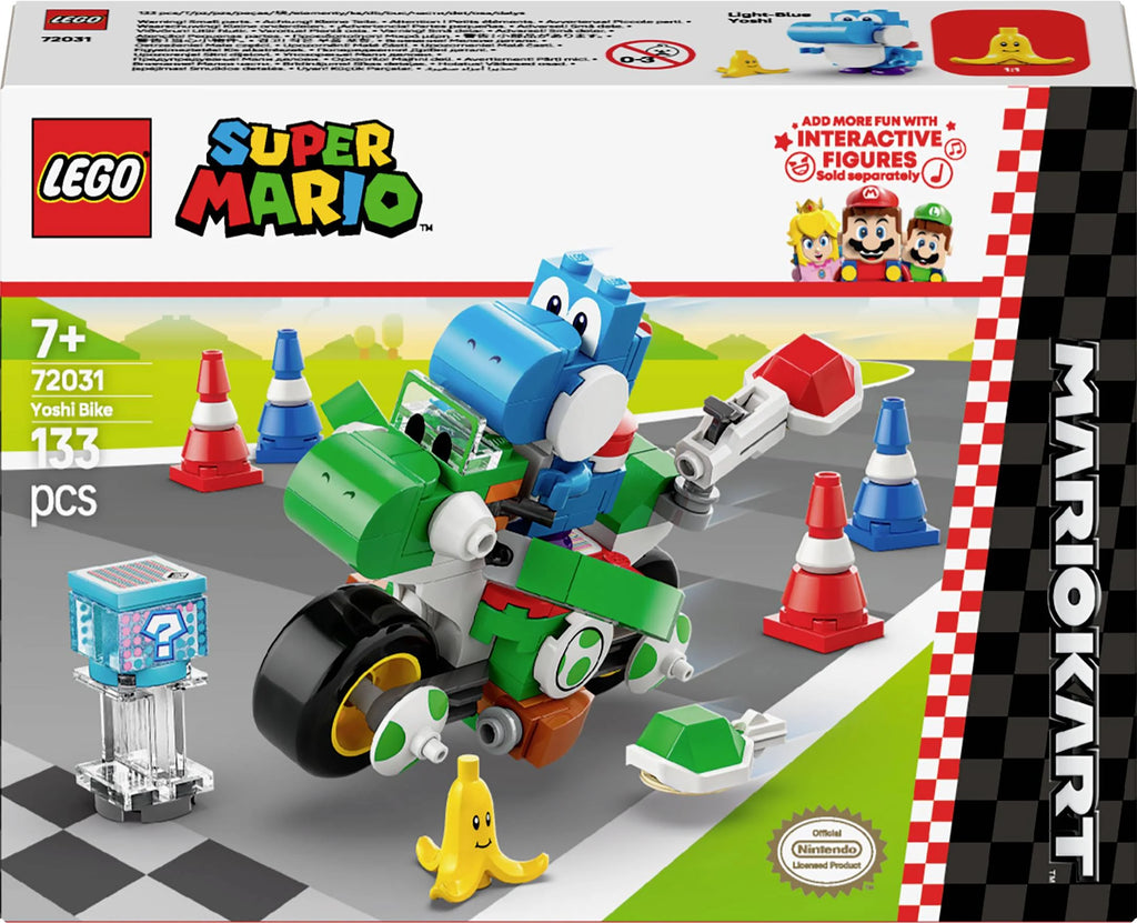 LEGO Super Mario Mario Kart Yoshi Bike set (72031) with Light-Blue Yoshi figure, bricks built bike, traffic cones, banana obstacle and shell-launching feature.