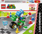 LEGO Super Mario Mario Kart Yoshi Bike set (72031) with Light-Blue Yoshi figure, bricks built bike, traffic cones, banana obstacle and shell-launching feature.