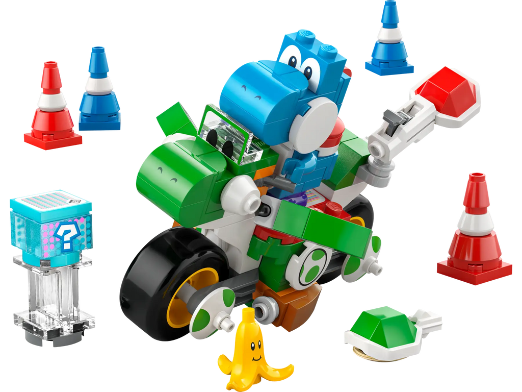 LEGO Super Mario Mario Kart Yoshi Bike set (72031) with Light-Blue Yoshi figure, bricks built bike, traffic cones, banana obstacle and shell-launching feature.