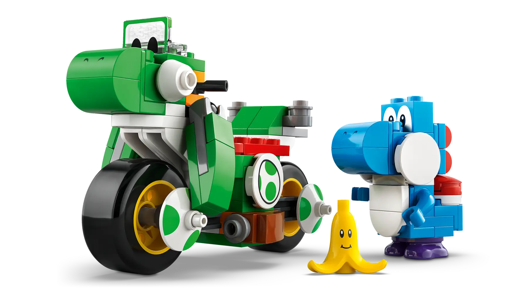 LEGO Super Mario Mario Kart Yoshi Bike set (72031) with Light-Blue Yoshi figure, bricks built bike, traffic cones, banana obstacle and shell-launching feature.