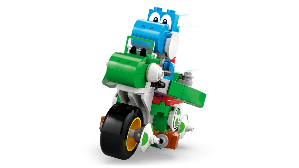 LEGO Super Mario Mario Kart Yoshi Bike set (72031) with Light-Blue Yoshi figure, bricks built bike, traffic cones, banana obstacle and shell-launching feature.
