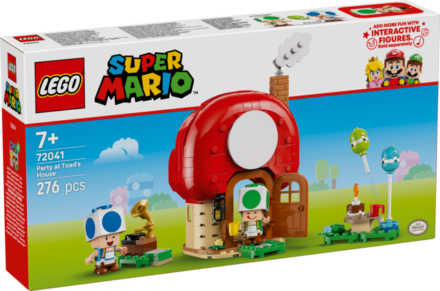 LEGO Super Mario Party at Toad’s House set (72041) with Blue Toad and Green Toad figures, gramophone, picnic table, kitchen, bedroom and party accessories