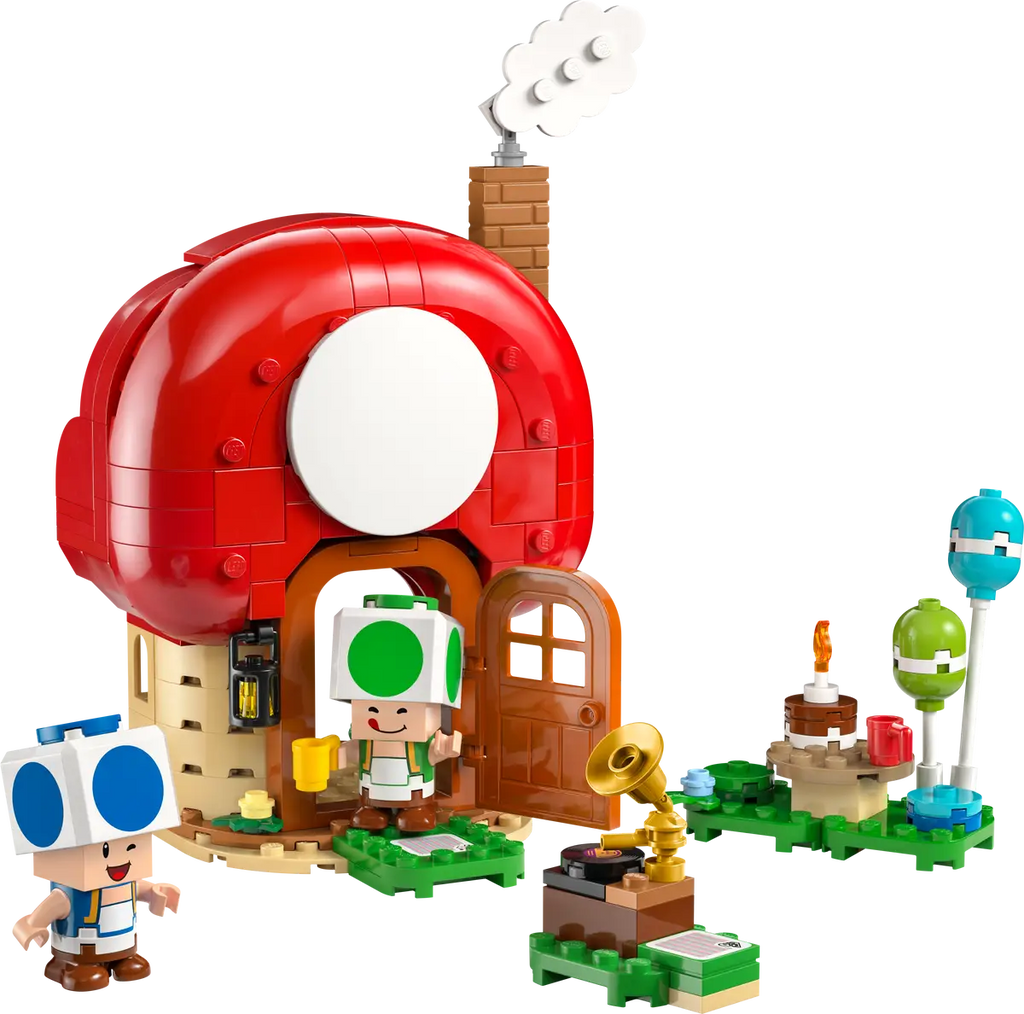LEGO Super Mario Party at Toad’s House set (72041) with Blue Toad and Green Toad figures, gramophone, picnic table, kitchen, bedroom and party accessories