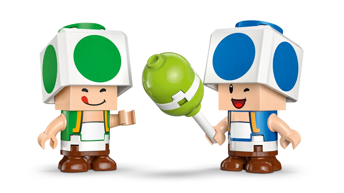 LEGO Super Mario Party at Toad’s House set (72041) with Blue Toad and Green Toad figures, gramophone, picnic table, kitchen, bedroom and party accessories