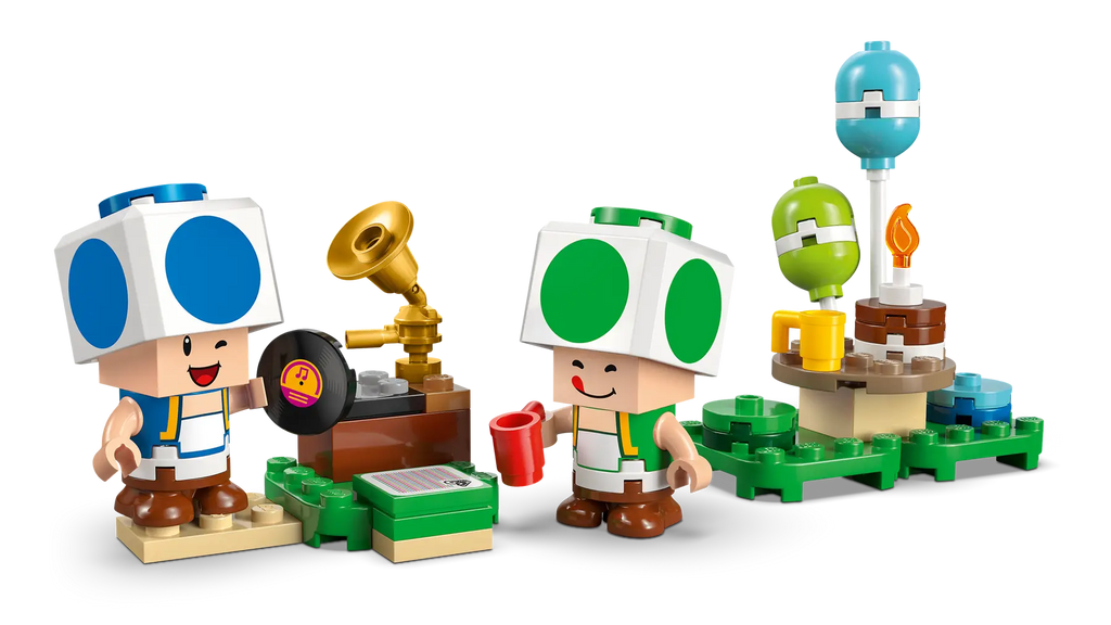 LEGO Super Mario Party at Toad’s House set (72041) with Blue Toad and Green Toad figures, gramophone, picnic table, kitchen, bedroom and party accessories