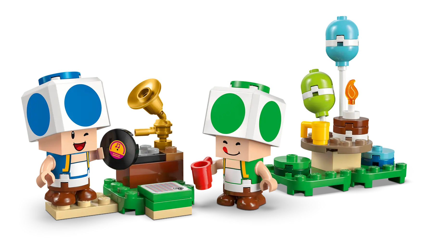 LEGO Super Mario Party at Toad’s House set (72041) with Blue Toad and Green Toad figures, gramophone, picnic table, kitchen, bedroom and party accessories