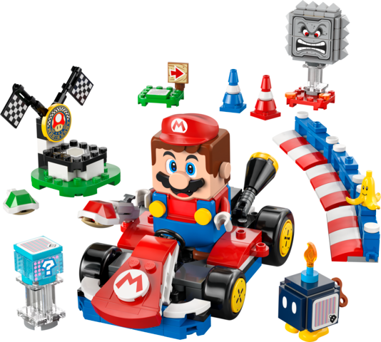 LEGO Super Mario Mario Kart Interactive LEGO Mario & Standard Kart set (72043) with Mario figure, Standard Kart, Item Box, shell-launch, drift action, traffic cones