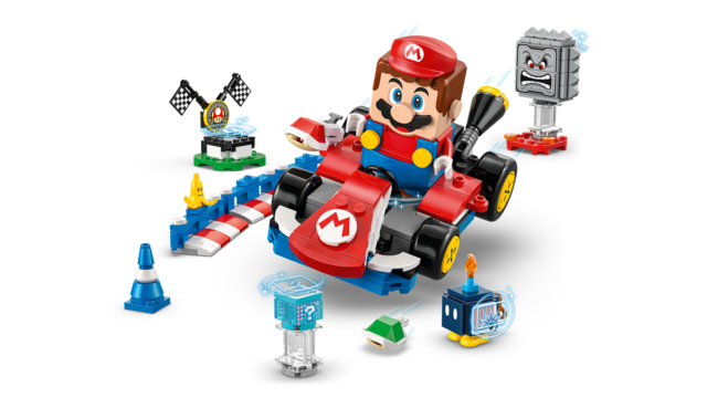 LEGO Super Mario Mario Kart Interactive LEGO Mario & Standard Kart set (72043) with Mario figure, Standard Kart, Item Box, shell-launch, drift action, traffic cones