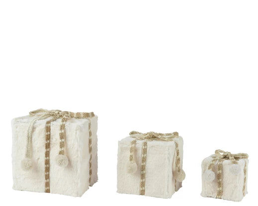 Three decorative boxes with textured surfaces and burlap-like patterns on a white background