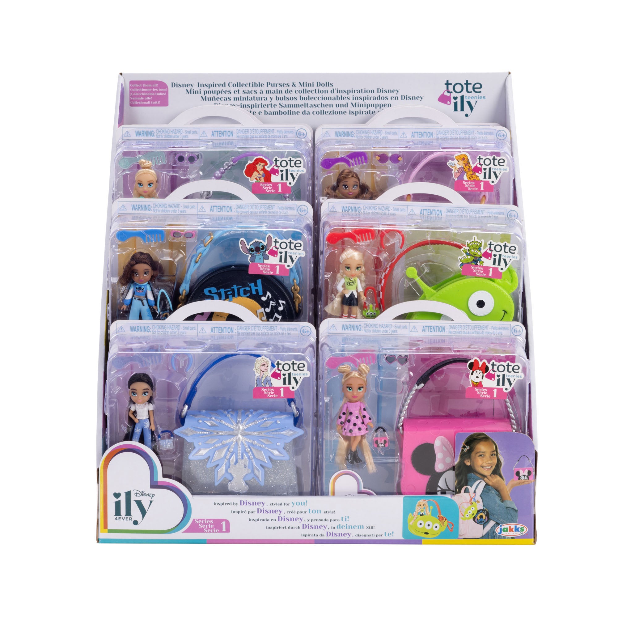 Display of tote ily dolls and accessories packaging on a white background