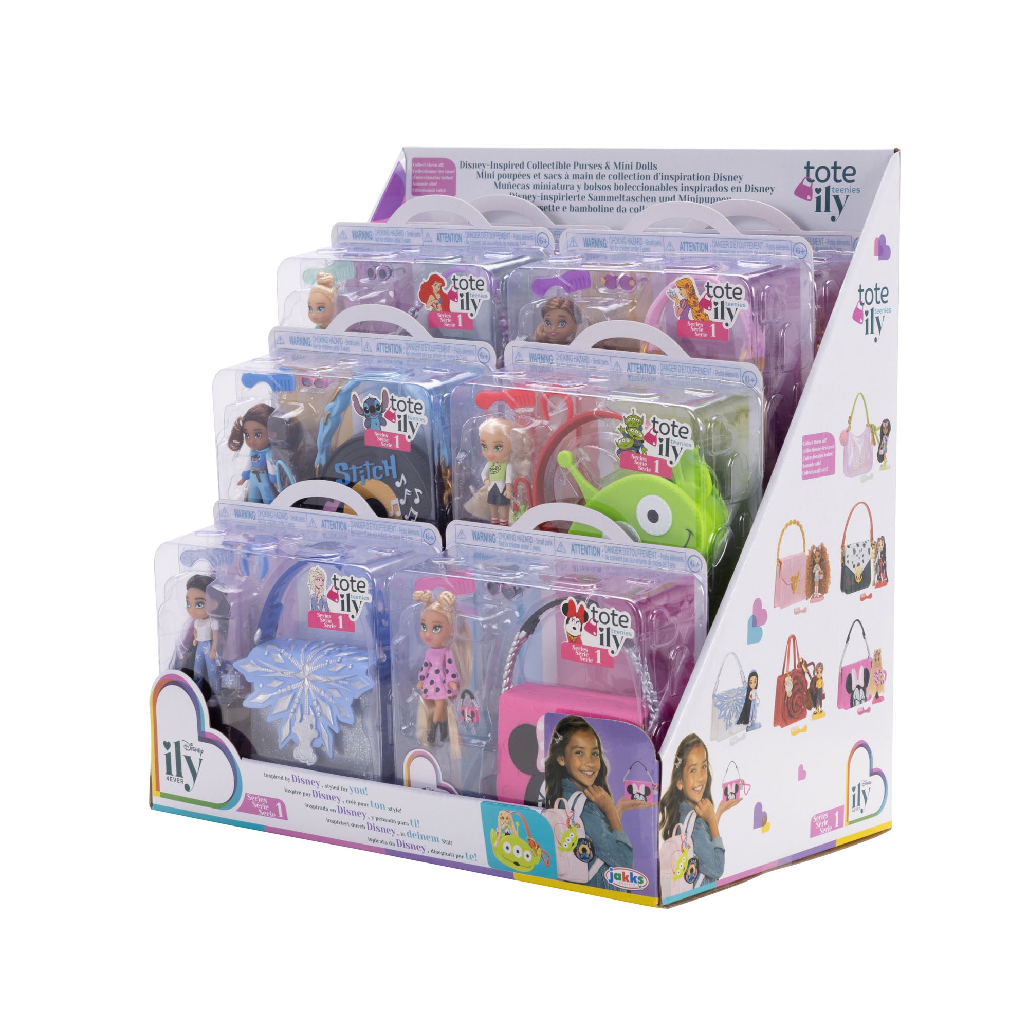 Display of 'tote ily' toy packaging with dolls and accessories on a white background