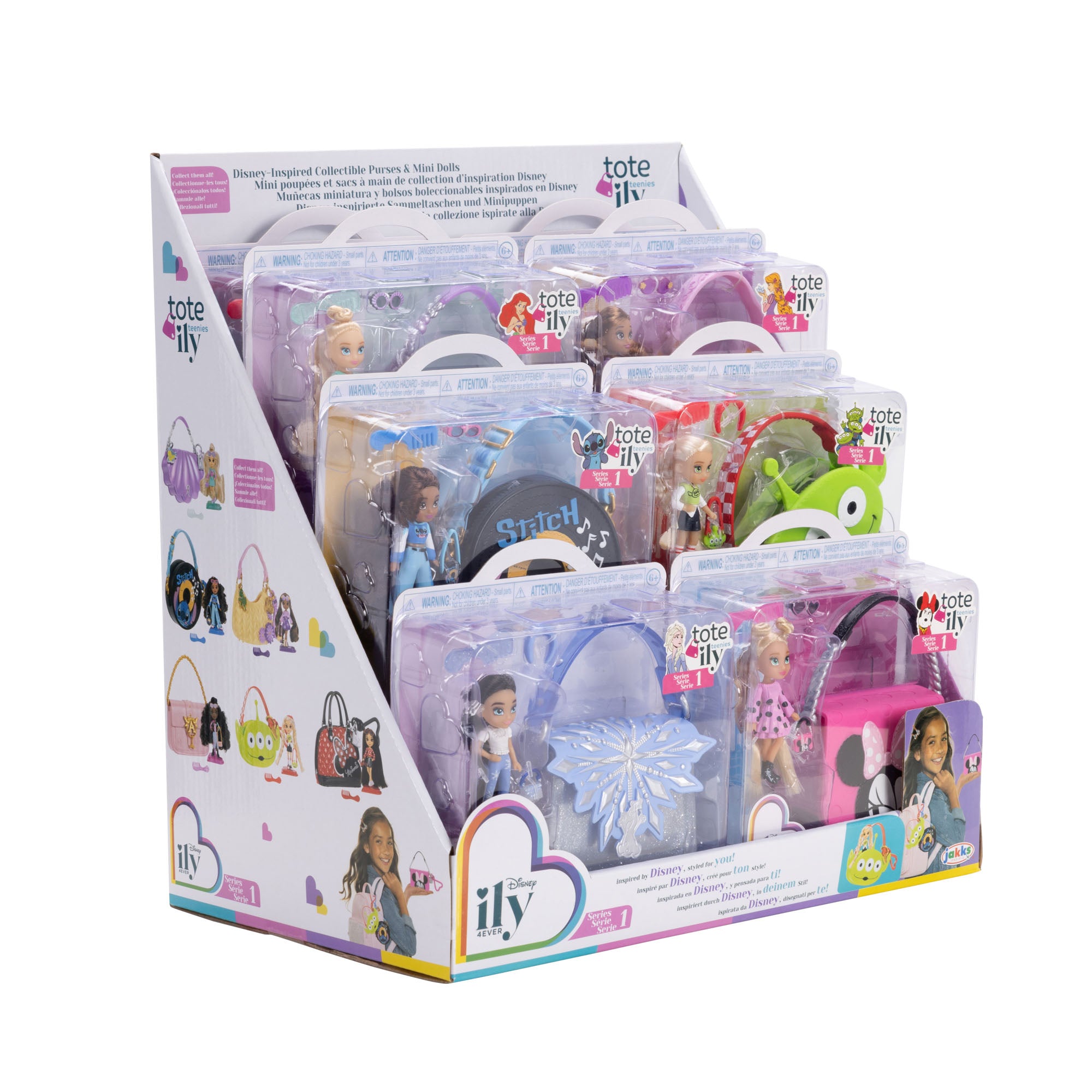 Display of toy accessories with 'tote it' and 'ily' branding on a white background